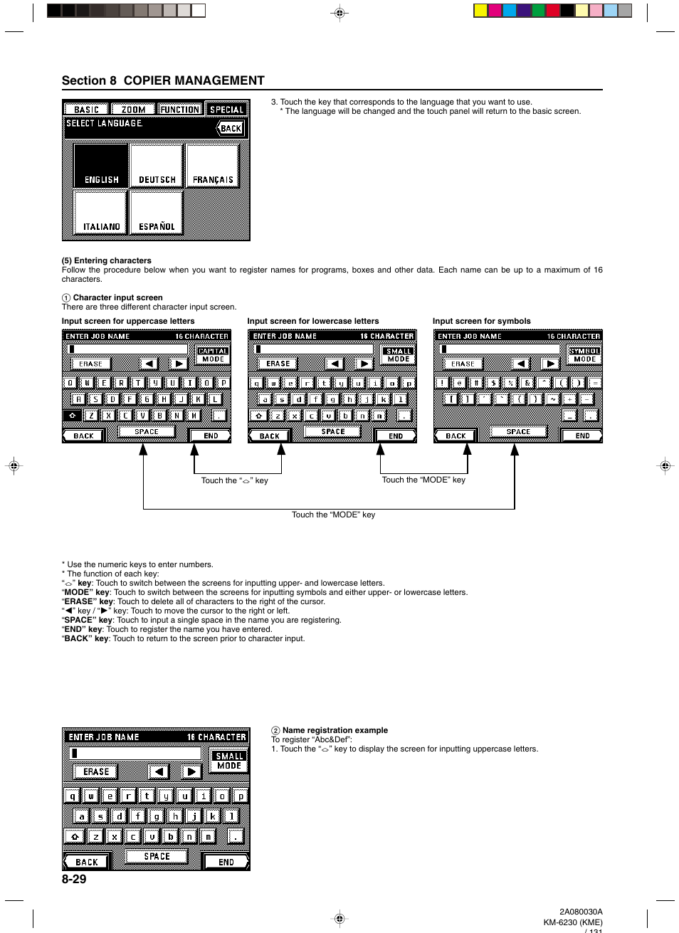 5) entering characters, 1 character input screen, 2 name registration example | 5) entering characters -29 | TA Triumph-Adler DC 2062 User Manual | Page 126 / 165