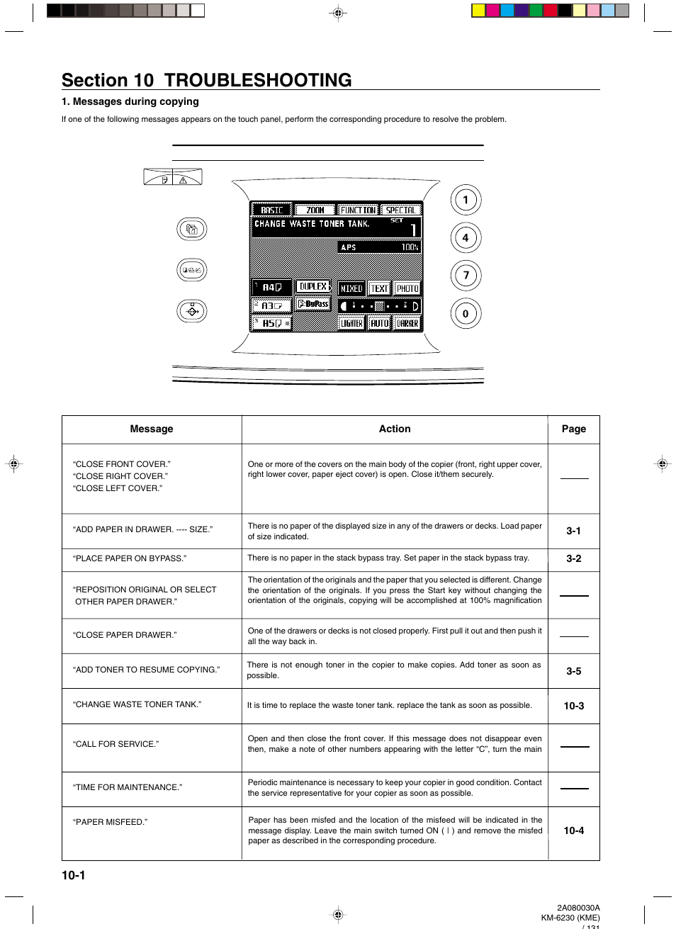 Messages during copying, Section 10 troubleshooting -1, Messages during copying -1 | TA Triumph-Adler DC 2062 User Manual | Page 142 / 165