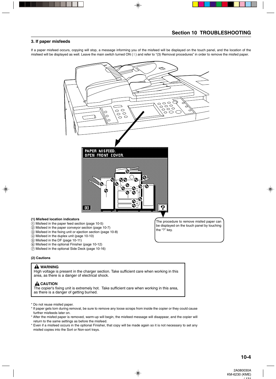 If paper misfeeds, 1) misfeed location indicators, 2) cautions | If paper misfeeds -4, 1) misfeed location indicators -4 (2) cautions -4 | TA Triumph-Adler DC 2062 User Manual | Page 145 / 165