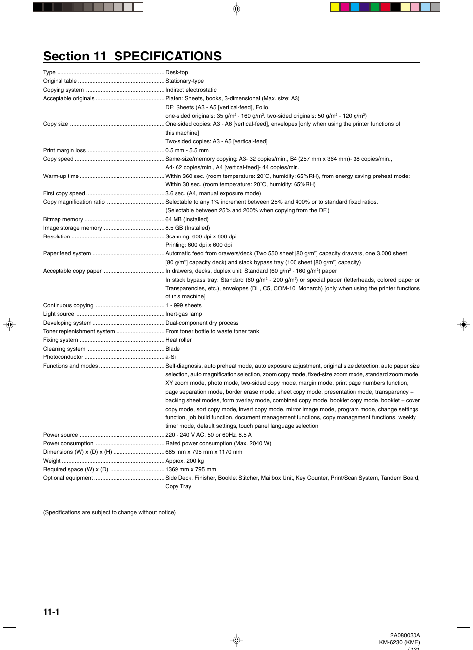 Section 11 specifications -1 | TA Triumph-Adler DC 2062 User Manual | Page 163 / 165