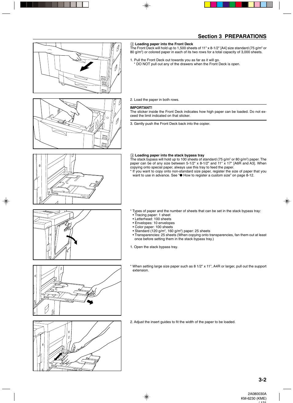 2 loading paper into the front deck, 3 loading paper into the stack bypass tray | TA Triumph-Adler DC 2062 User Manual | Page 22 / 165