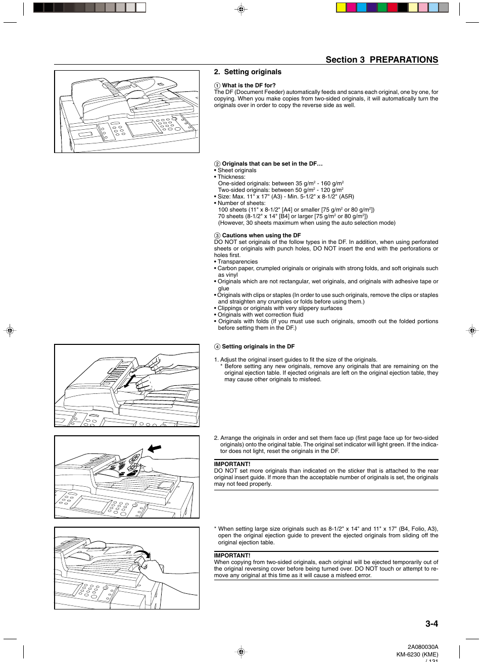 Setting originals, 1 what is the df for, 2 originals that can be set in the df | 3 cautions when using the df, 4 setting originals in the df, Setting originals -4 | TA Triumph-Adler DC 2062 User Manual | Page 24 / 165