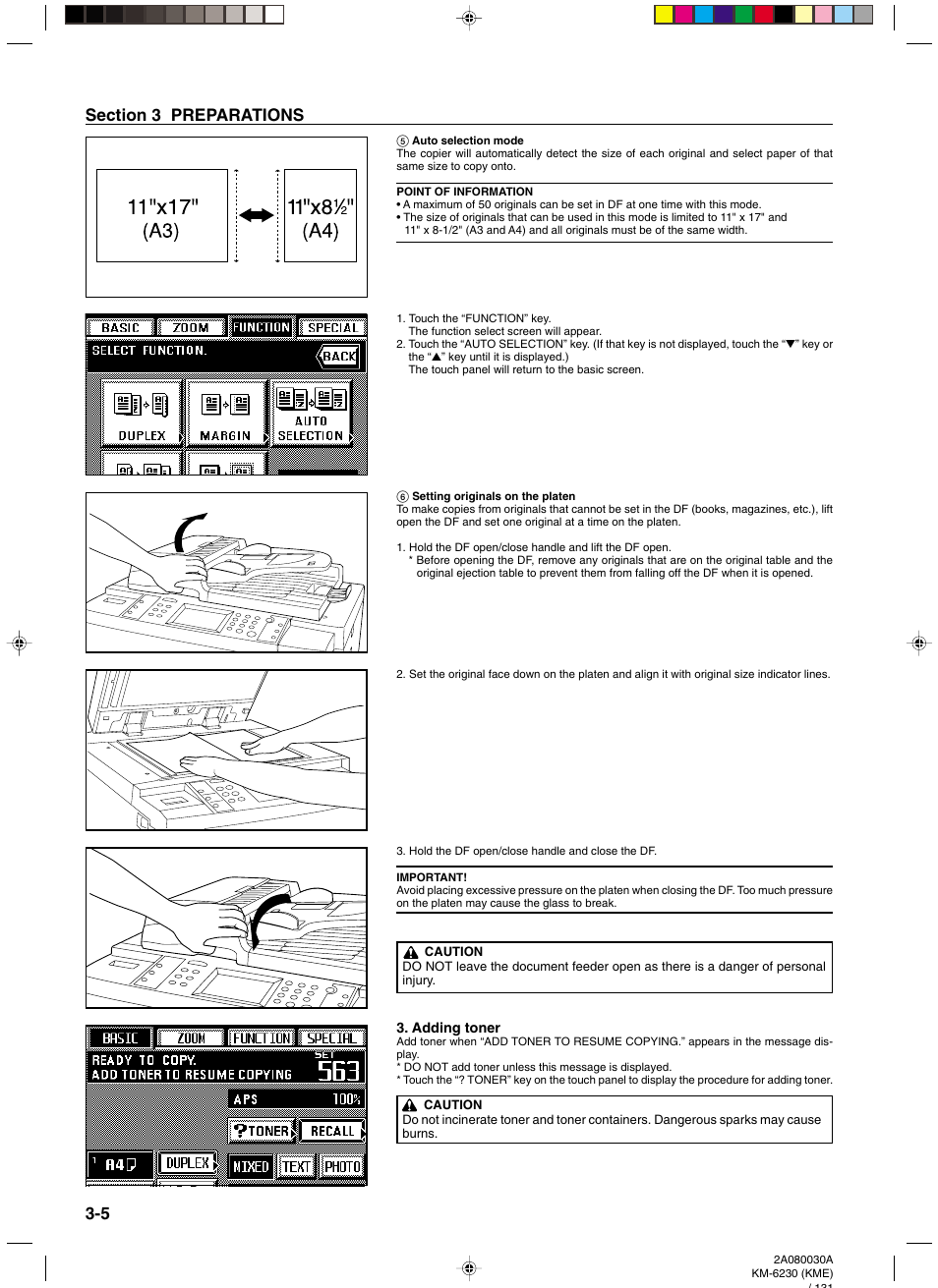5 auto selection mode, 6 setting originals on the platen, Adding toner | Adding toner -5 | TA Triumph-Adler DC 2062 User Manual | Page 25 / 165