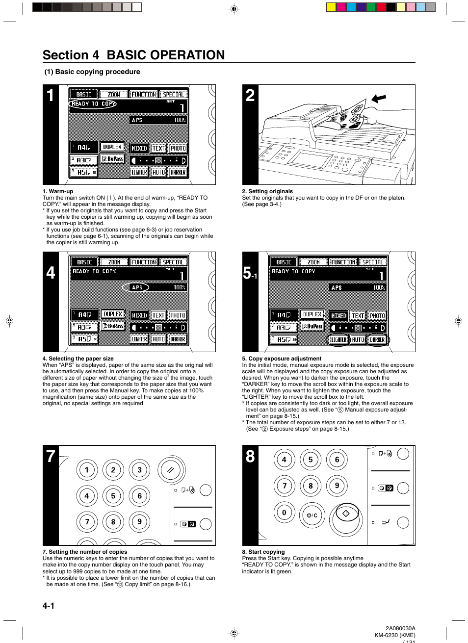 Section 4 basic operation, 1) basic copying procedure, Section 4 basic operation -1 | 1) basic copying procedure -1 | TA Triumph-Adler DC 2062 User Manual | Page 28 / 165