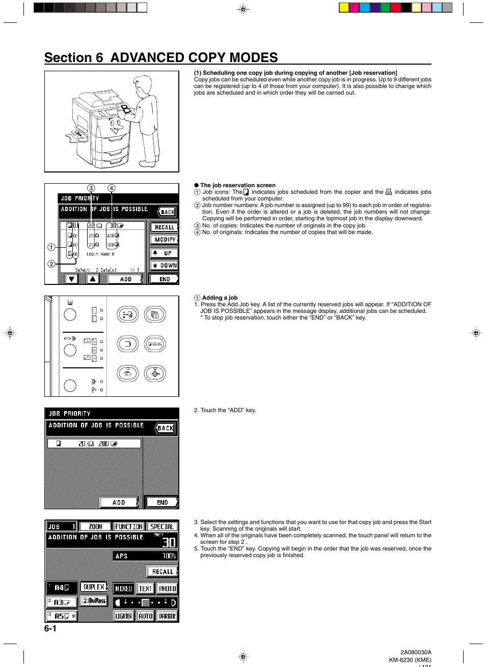 The job reservation screen, 1 adding a job, Section 6 advanced copy modes -1 | TA Triumph-Adler DC 2062 User Manual | Page 68 / 165