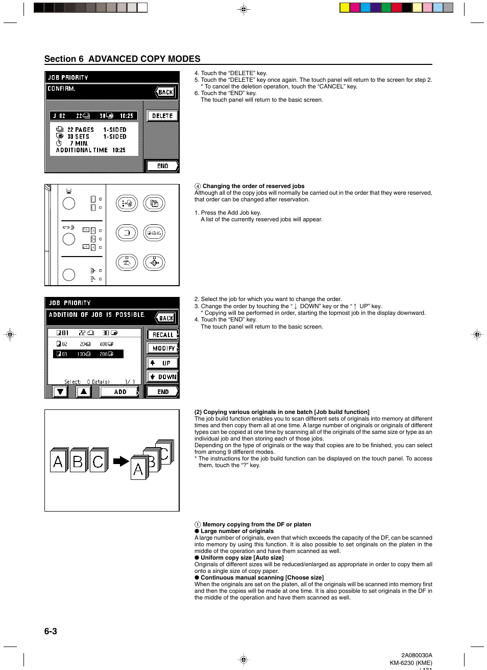 4 changing the order of reserved jobs, 1 memory copying from the df or platen, Large number of originals | Uniform copy size [auto size, Continuous manual scanning [choose size, 4 changing the order of reserved jobs -3, 1 memory copying from the df or platen -3 | TA Triumph-Adler DC 2062 User Manual | Page 70 / 165