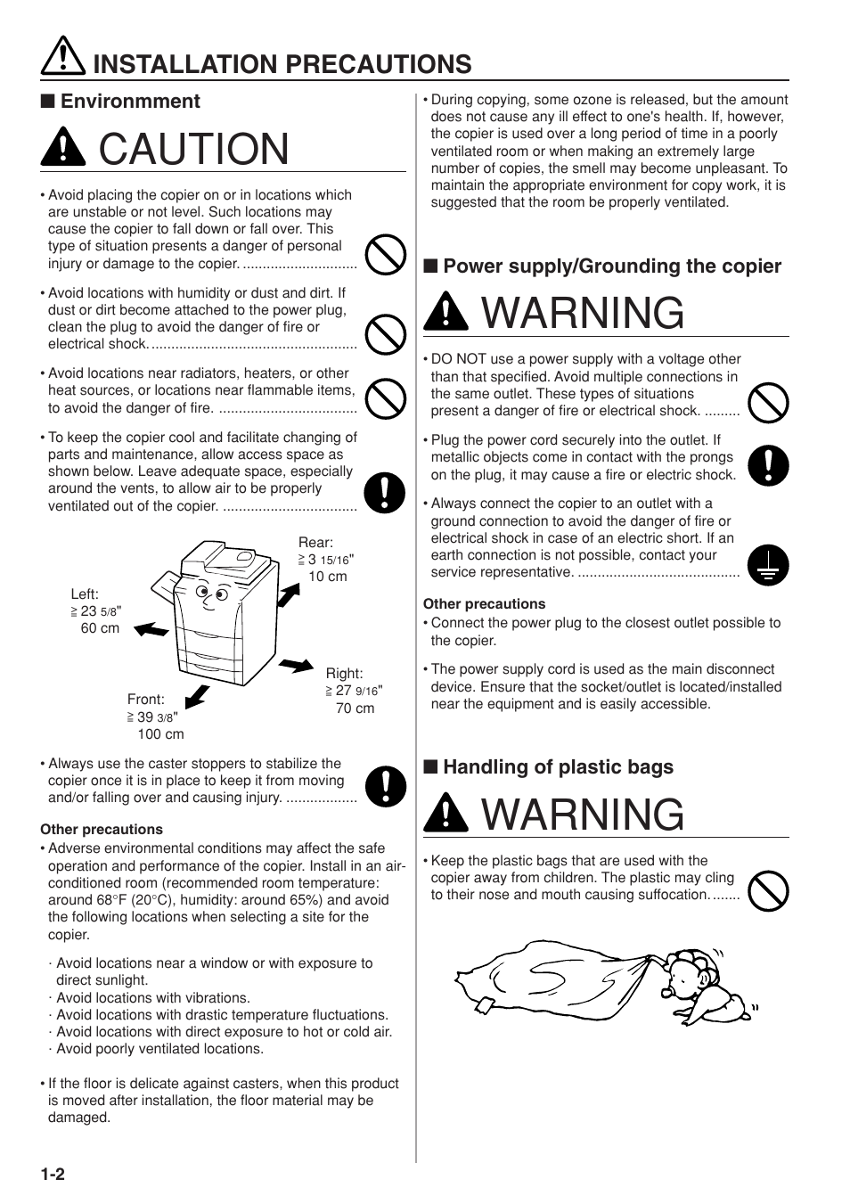 Installation precautions, Warning, Caution | Power supply/grounding the copier, Handling of plastic bags, Environmment | TA Triumph-Adler DC 2075 User Manual | Page 10 / 263