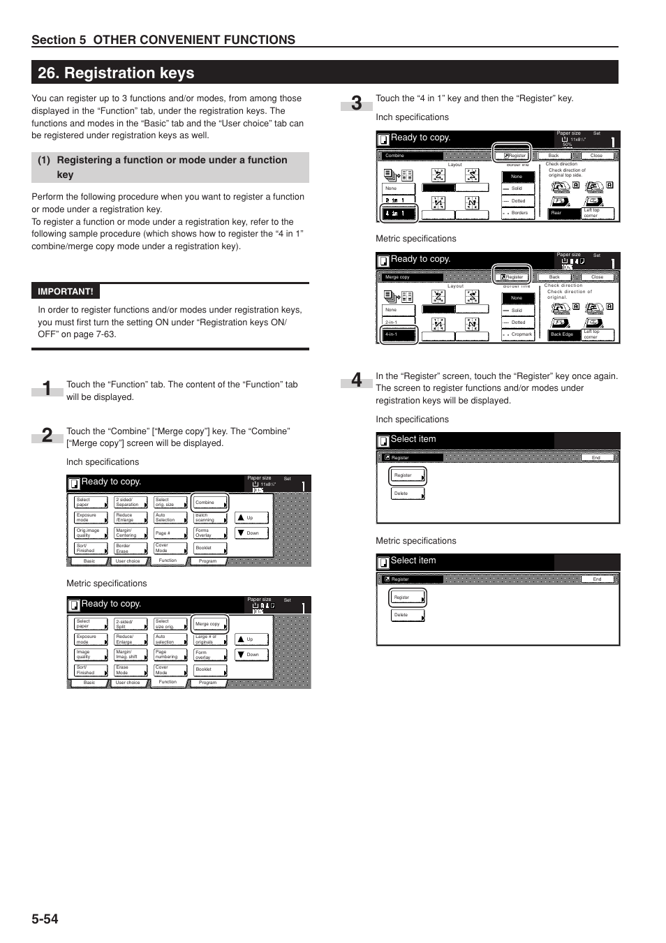 Registration keys, Ready to copy, Select item | Metric specifications | TA Triumph-Adler DC 2075 User Manual | Page 100 / 263