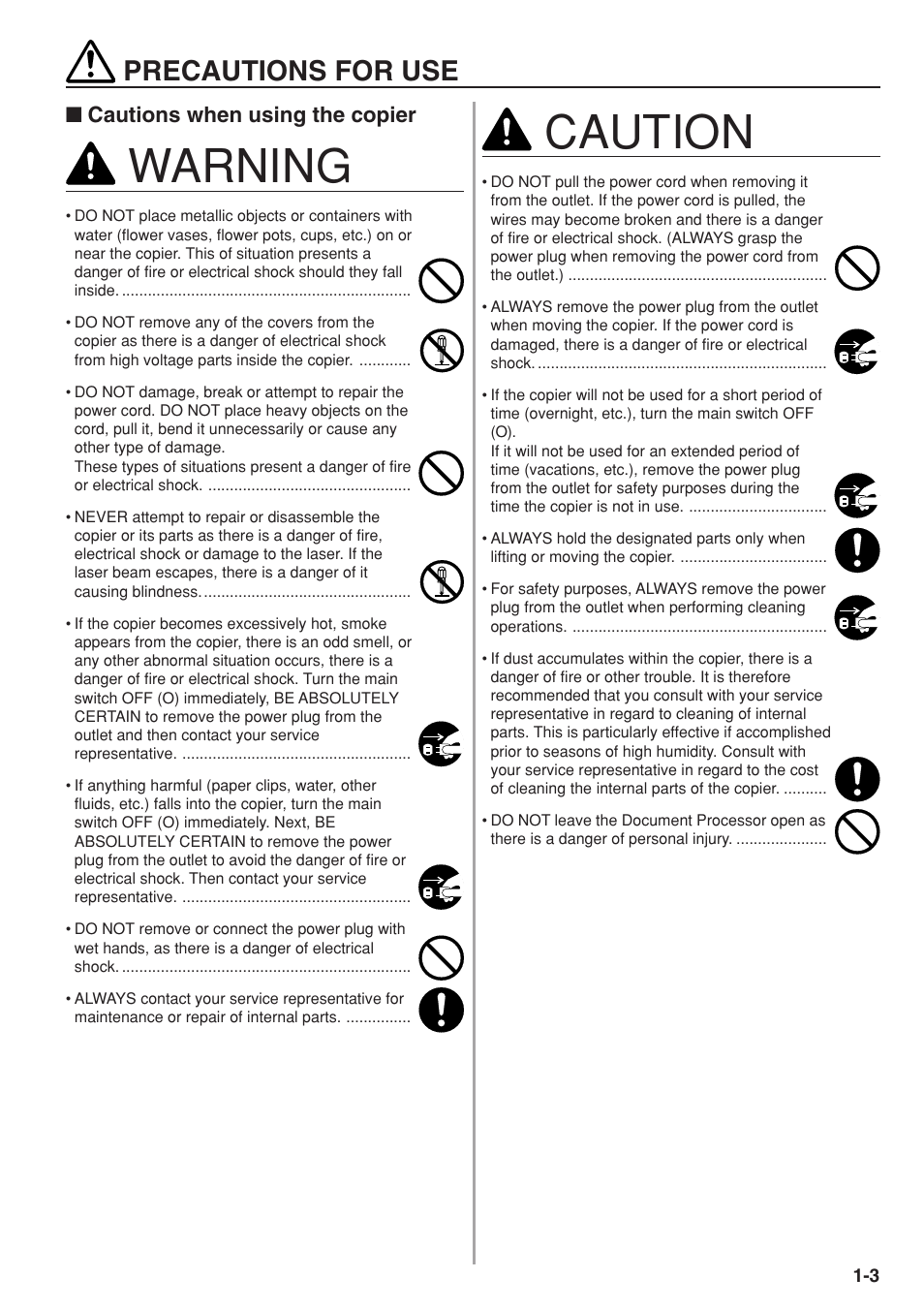 Precautions for use, Caution, Warning | Cautions when using the copier | TA Triumph-Adler DC 2075 User Manual | Page 11 / 263