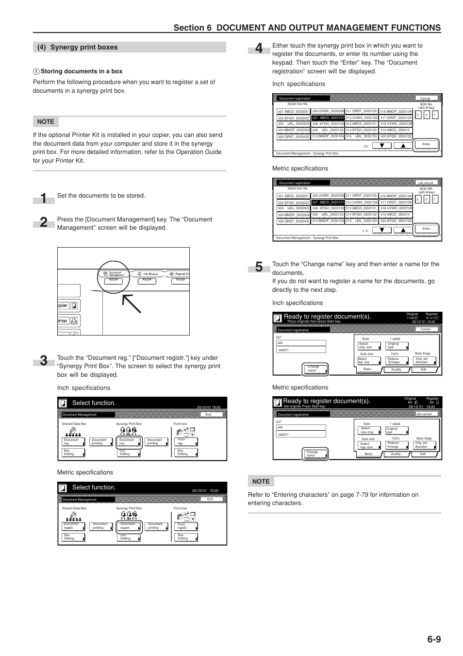 4) synergy print boxes, Select function, Ready to register document(s) | Set the documents to be stored, Metric specifications | TA Triumph-Adler DC 2075 User Manual | Page 125 / 263