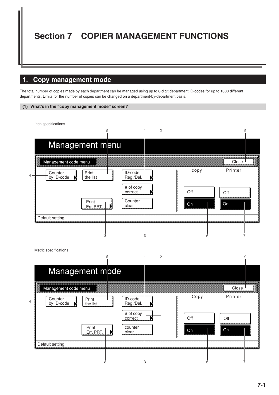 Section 7 copier management functions, Copy management mode, 1) what’s in the “copy management mode” screen | Management menu, Management mode | TA Triumph-Adler DC 2075 User Manual | Page 139 / 263