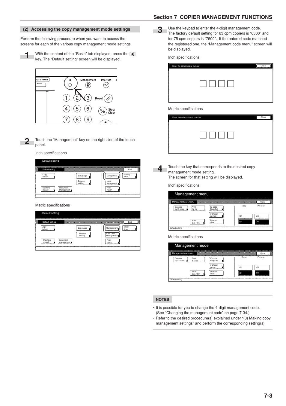 2) accessing the copy management mode settings, Management menu, Management mode | TA Triumph-Adler DC 2075 User Manual | Page 141 / 263