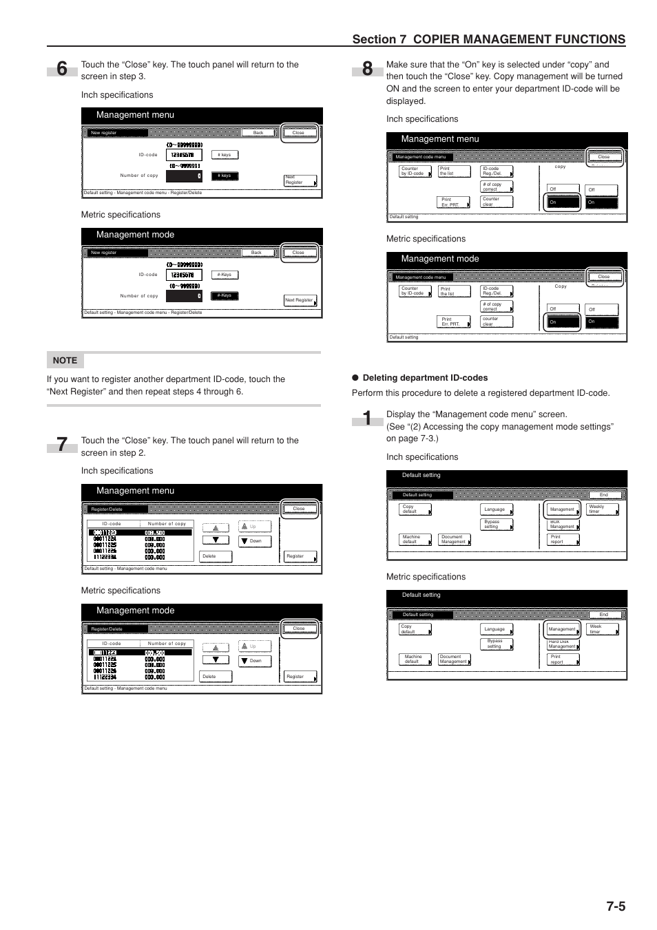 Management menu, Management mode, Metric specifications | TA Triumph-Adler DC 2075 User Manual | Page 143 / 263