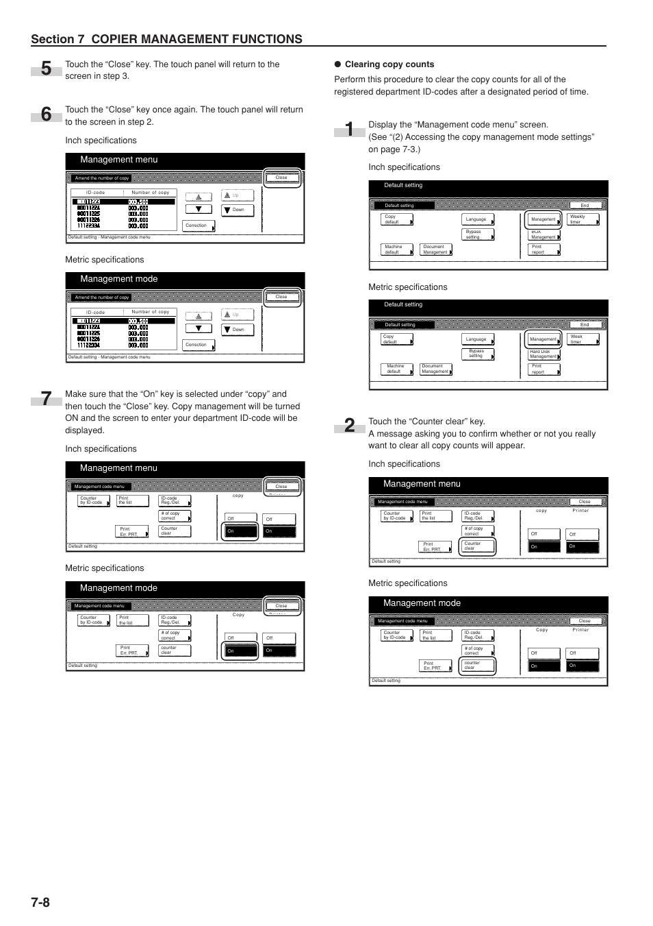 Management menu, Management mode, Metric specifications | TA Triumph-Adler DC 2075 User Manual | Page 146 / 263