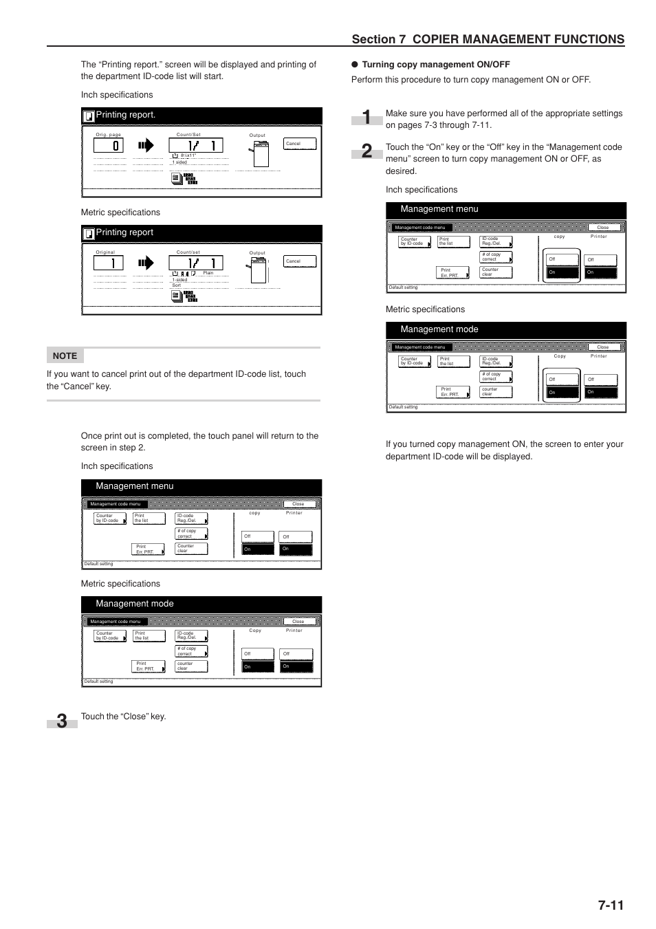 Printing report, Management menu, Management mode | Metric specifications | TA Triumph-Adler DC 2075 User Manual | Page 149 / 263