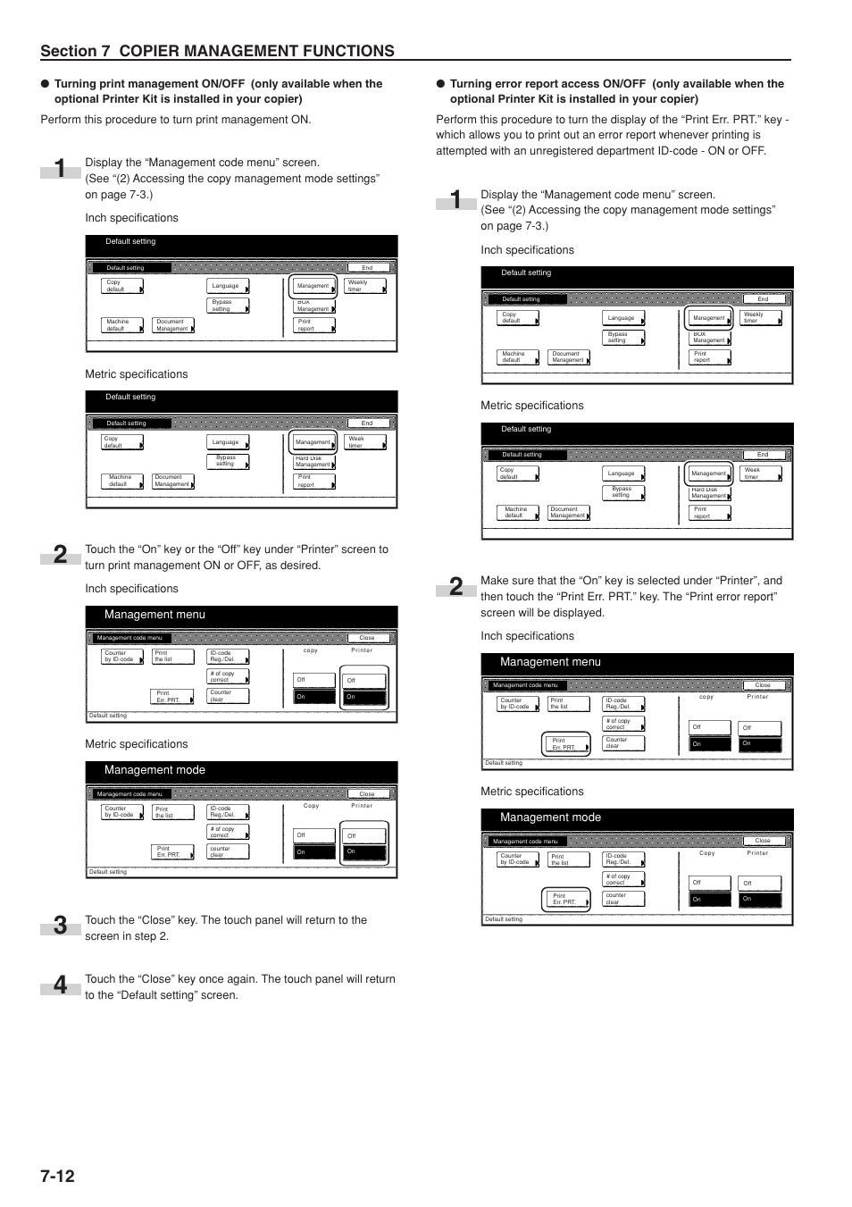 Management menu, Management mode, Metric specifications | TA Triumph-Adler DC 2075 User Manual | Page 150 / 263
