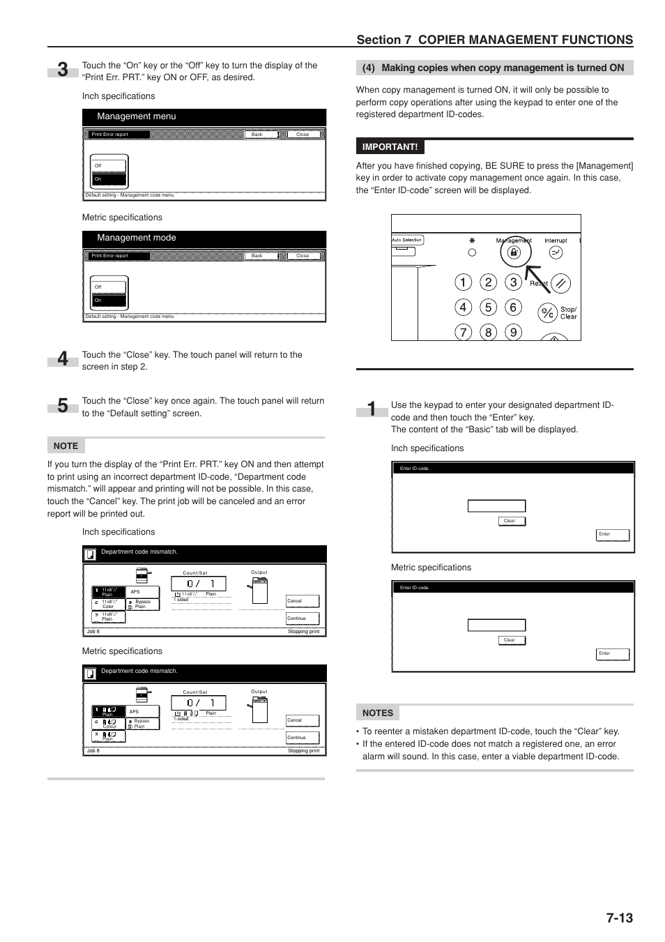 4) making copies when copy management is turned on, Management menu, Management mode | Metric specifications | TA Triumph-Adler DC 2075 User Manual | Page 151 / 263