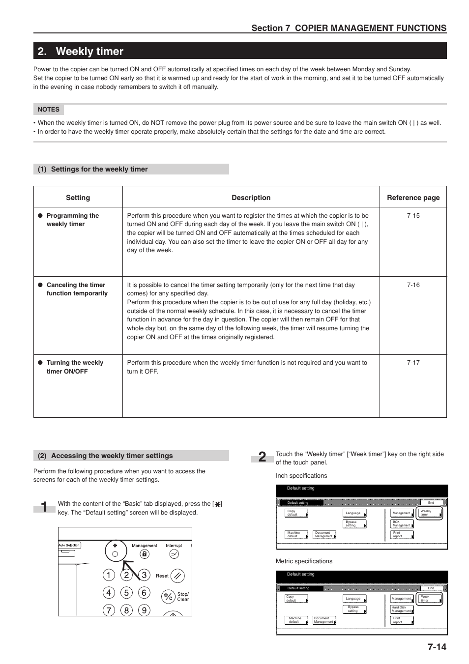 Weekly timer, 1) settings for the weekly timer, 2) accessing the weekly timer settings | TA Triumph-Adler DC 2075 User Manual | Page 153 / 263
