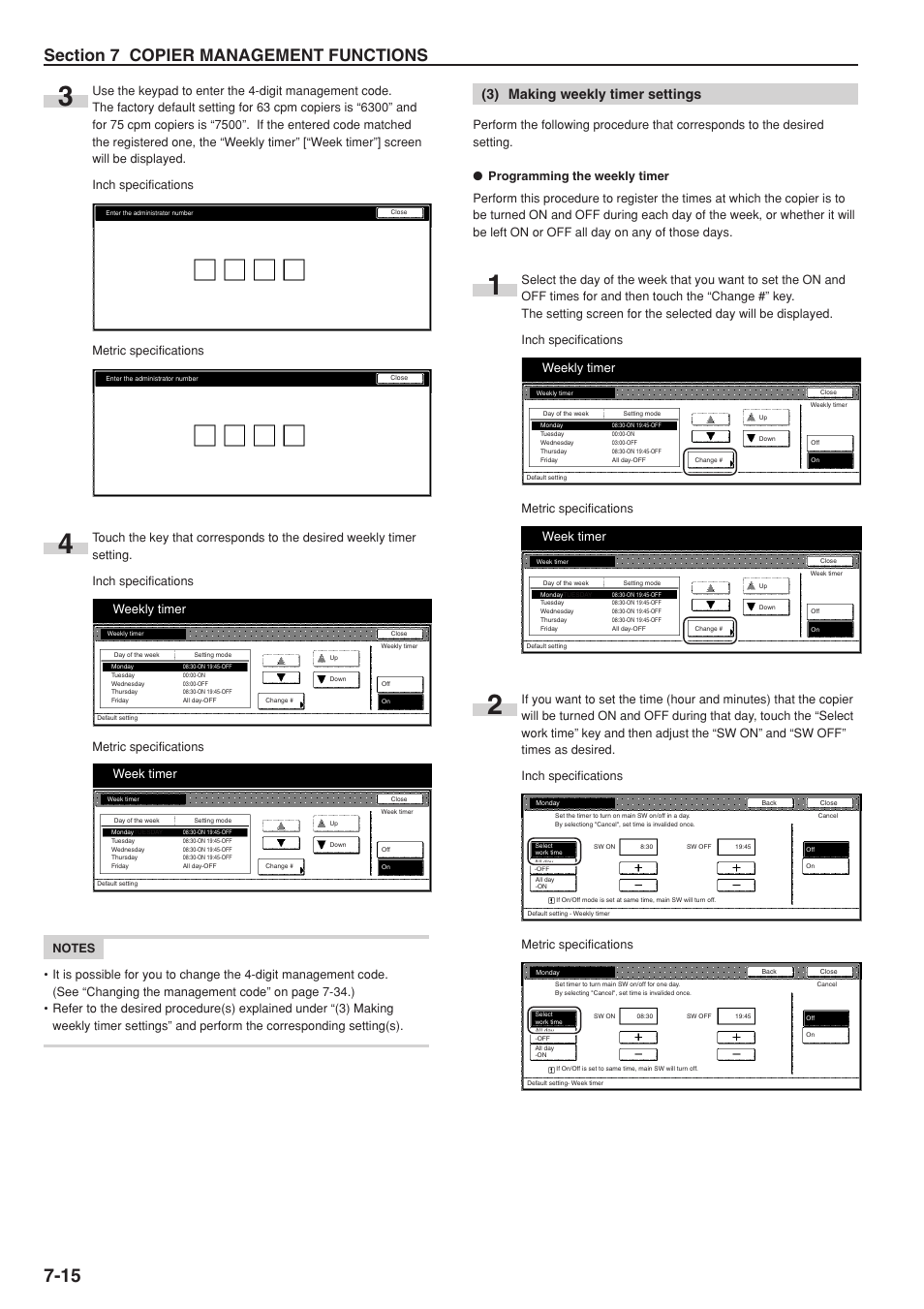 3) making weekly timer settings, Weekly timer, Week timer | Metric specifications | TA Triumph-Adler DC 2075 User Manual | Page 154 / 263
