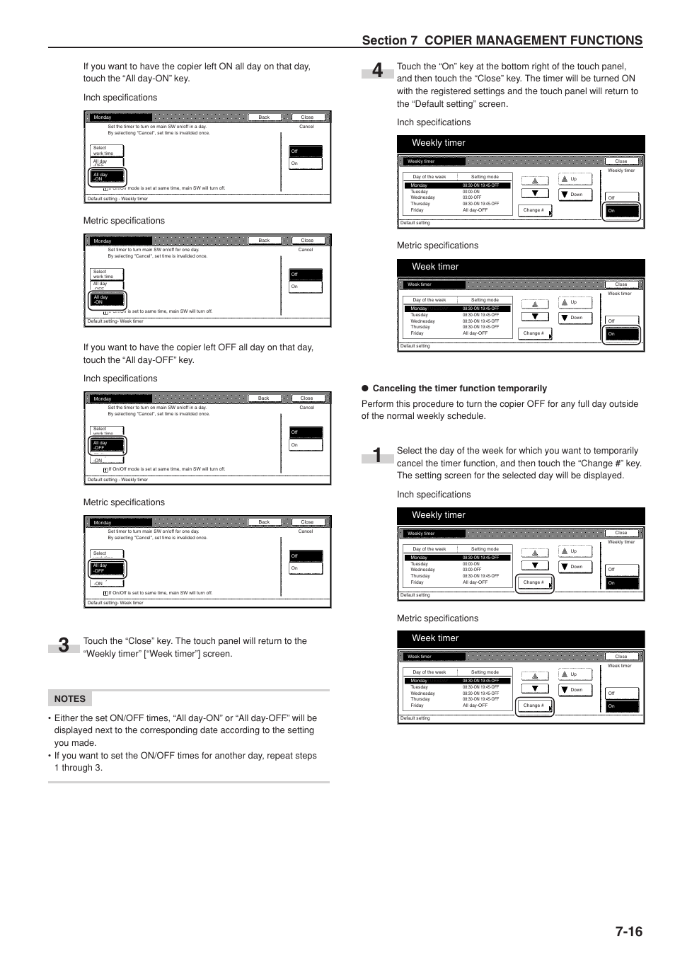 Weekly timer, Week timer, Metric specifications | TA Triumph-Adler DC 2075 User Manual | Page 155 / 263