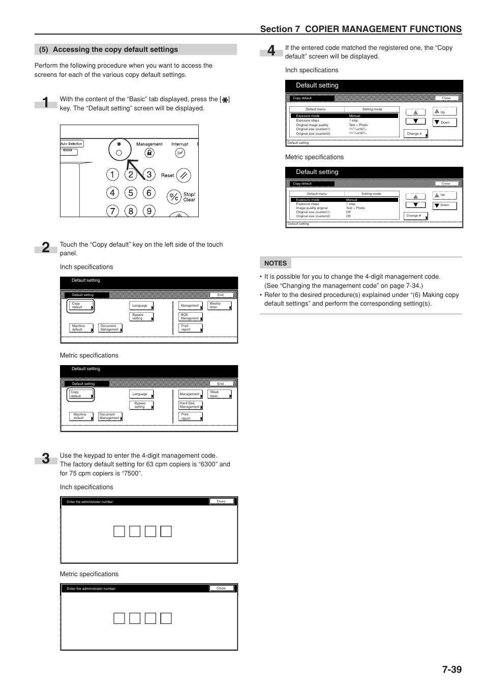 5) accessing the copy default settings, Default setting, Metric specifications | TA Triumph-Adler DC 2075 User Manual | Page 179 / 263