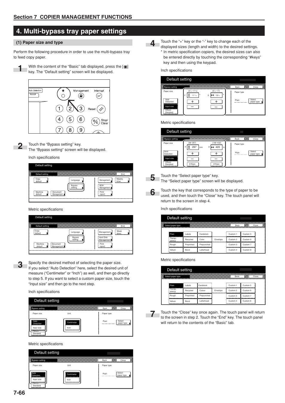 Multi-bypass tray paper settings, 1) paper size and type, Default setting | Metric specifications | TA Triumph-Adler DC 2075 User Manual | Page 206 / 263