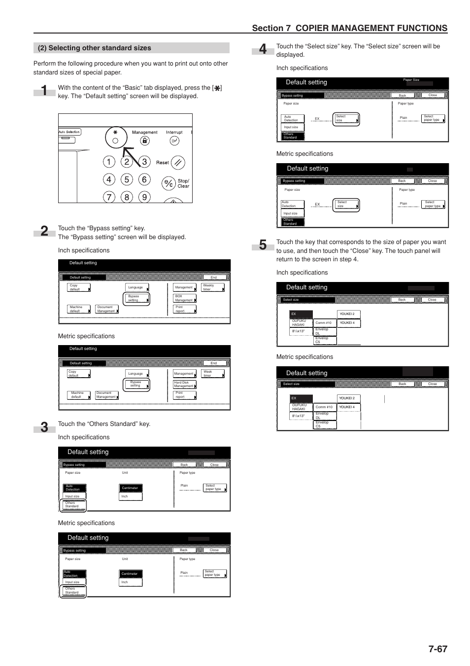 2) selecting other standard sizes, Default setting, Metric specifications | TA Triumph-Adler DC 2075 User Manual | Page 207 / 263