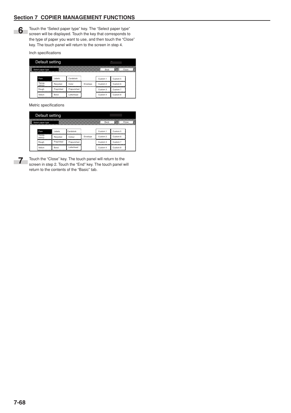 Default setting, Metric specifications | TA Triumph-Adler DC 2075 User Manual | Page 208 / 263