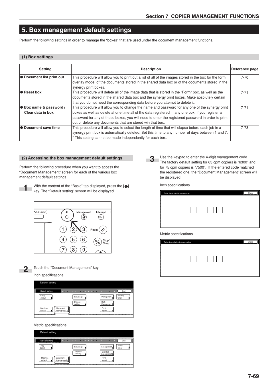 Box management default settings, 1) box settings, 2) accessing the box management default settings | TA Triumph-Adler DC 2075 User Manual | Page 209 / 263