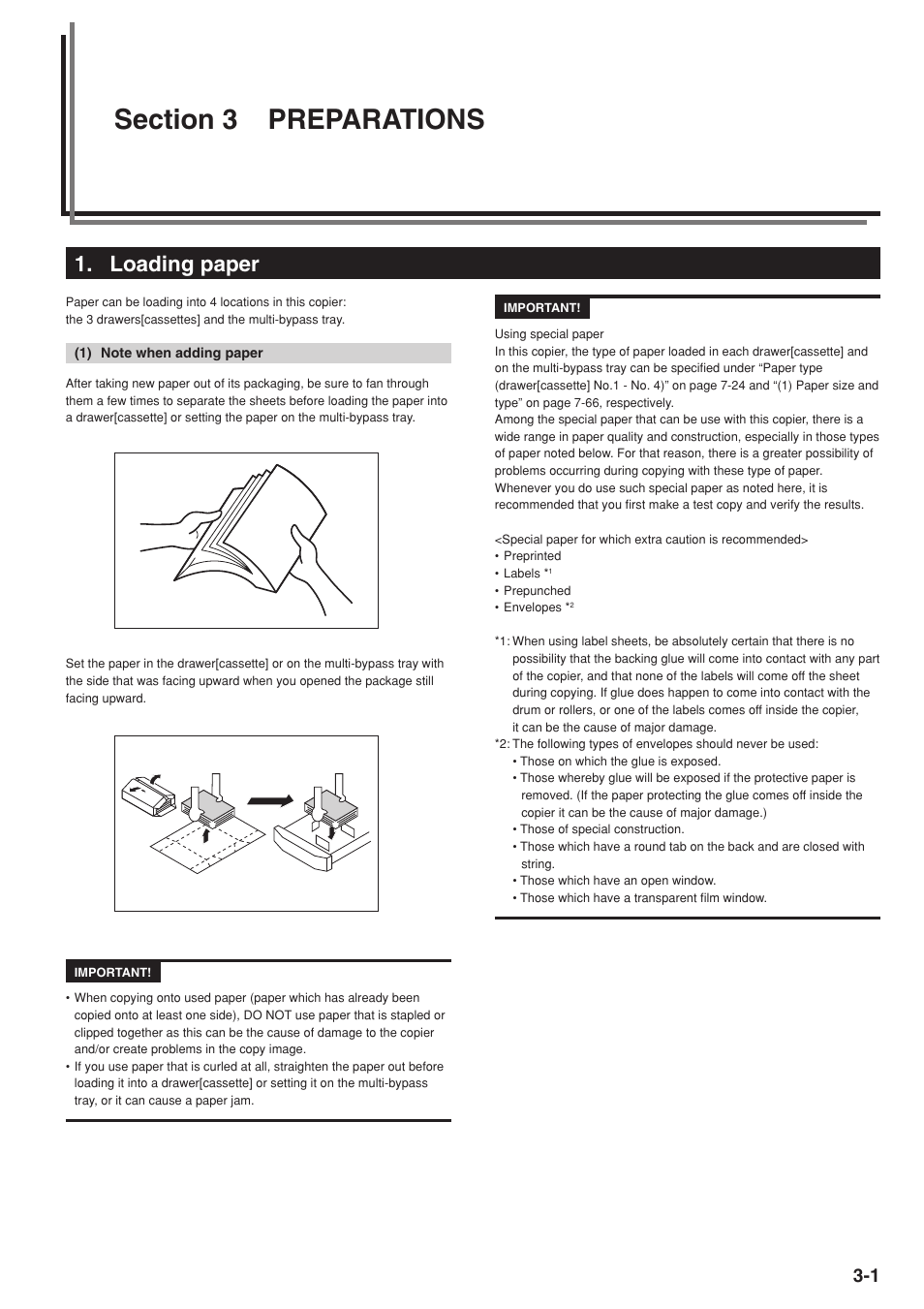 Section 3 preparations, Loading paper, 1) note when adding paper | TA Triumph-Adler DC 2075 User Manual | Page 21 / 263