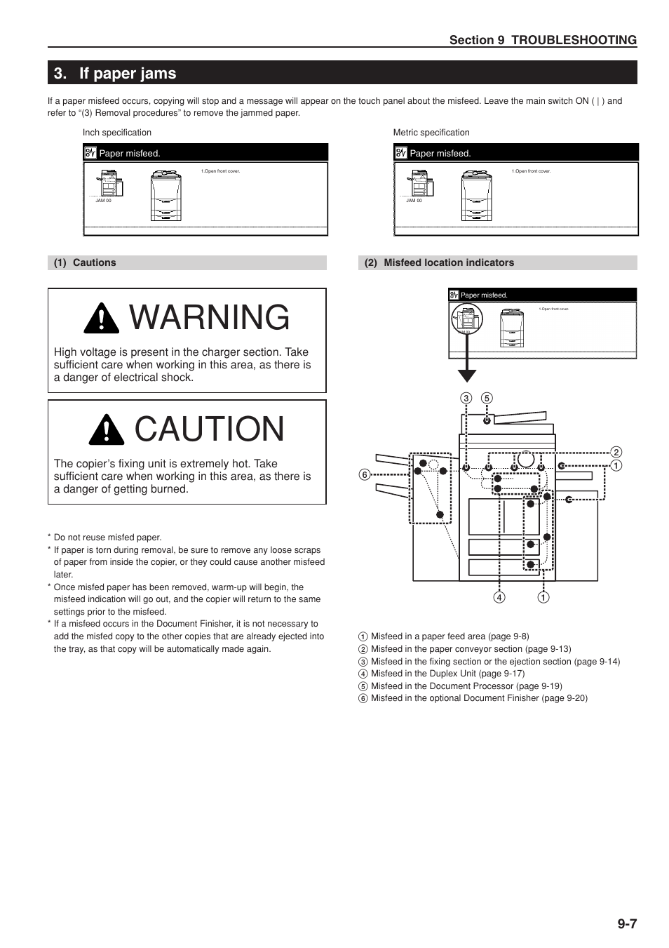 If paper jams, 1) cautions, 2) misfeed location indicators | Warning, Caution | TA Triumph-Adler DC 2075 User Manual | Page 237 / 263