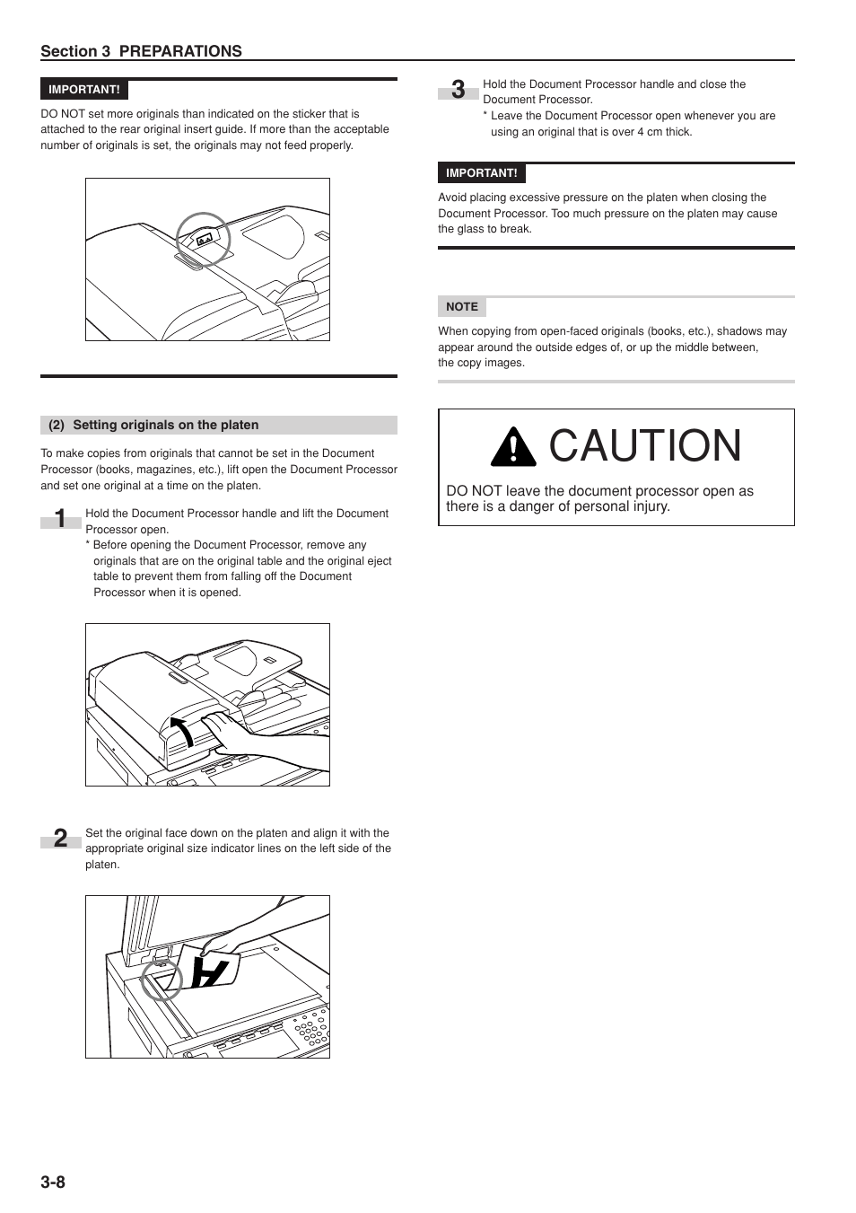 2) setting originals on the platen, Caution | TA Triumph-Adler DC 2075 User Manual | Page 28 / 263