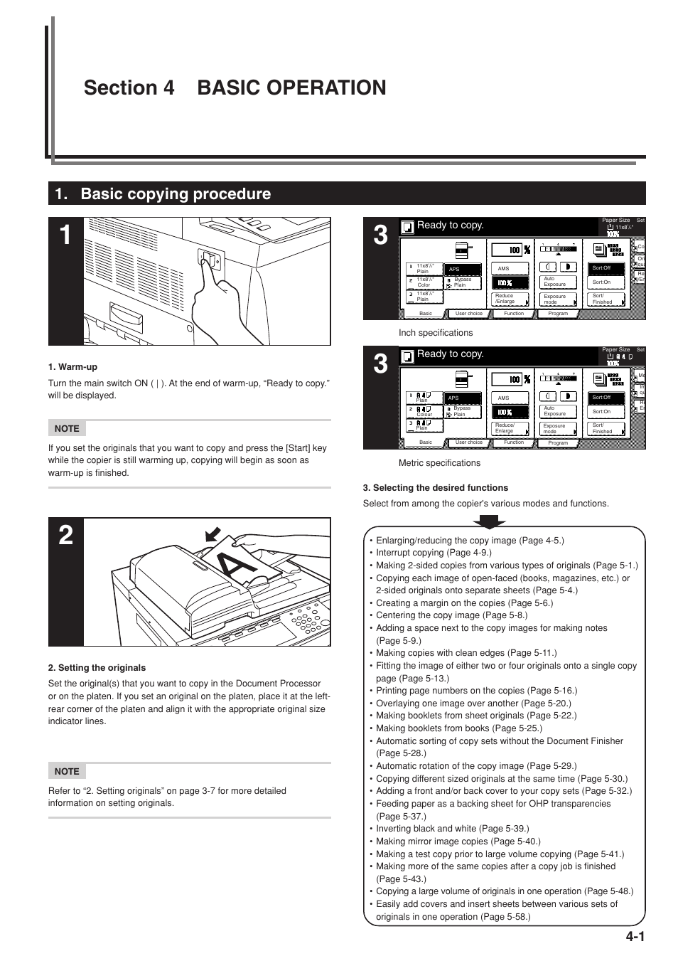 Section 4 basic operation, Basic copying procedure, Ready to copy | TA Triumph-Adler DC 2075 User Manual | Page 33 / 263