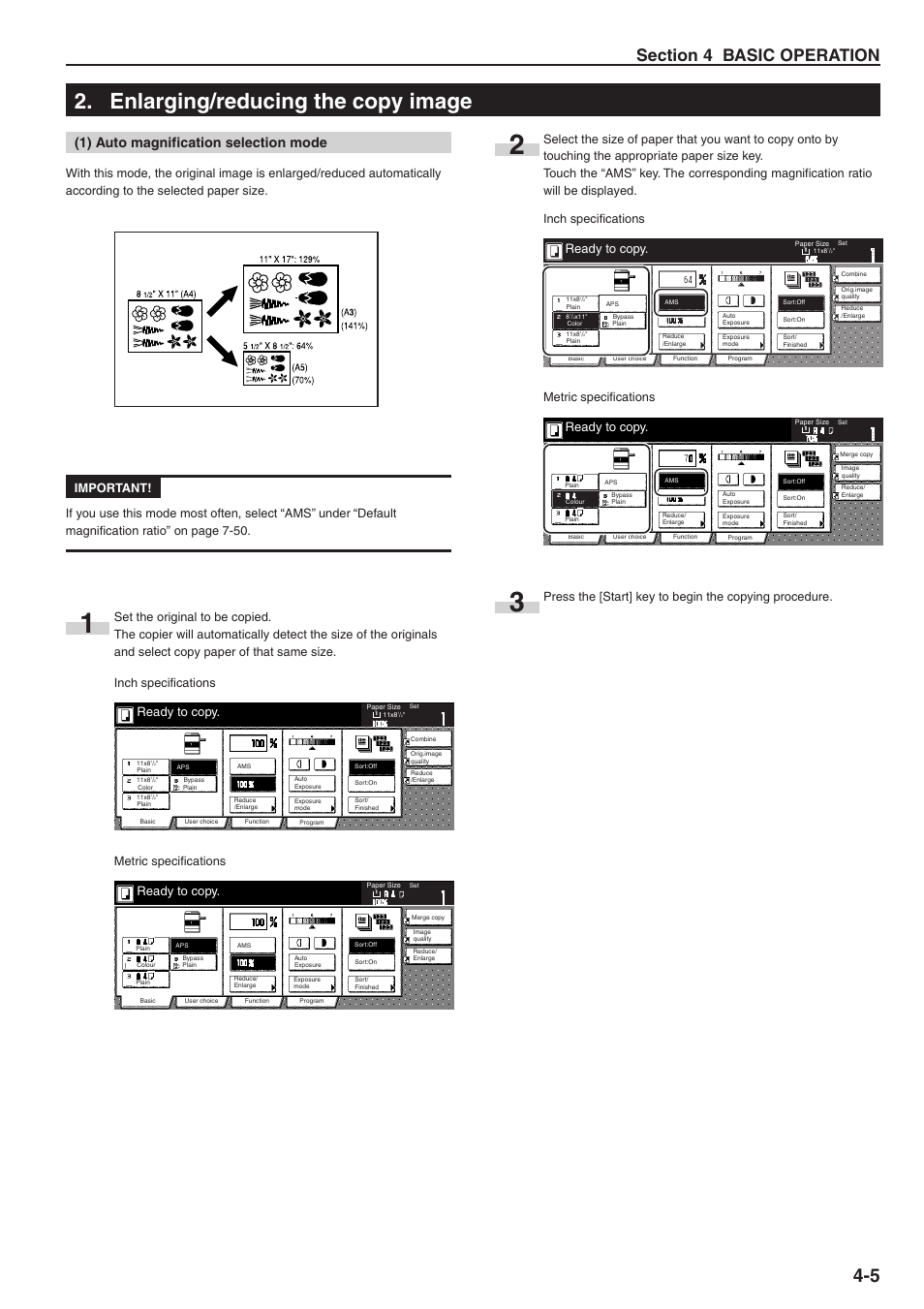 Enlarging/reducing the copy image, 1) auto magnification selection mode, Ready to copy | Inch specifications metric specifications | TA Triumph-Adler DC 2075 User Manual | Page 37 / 263