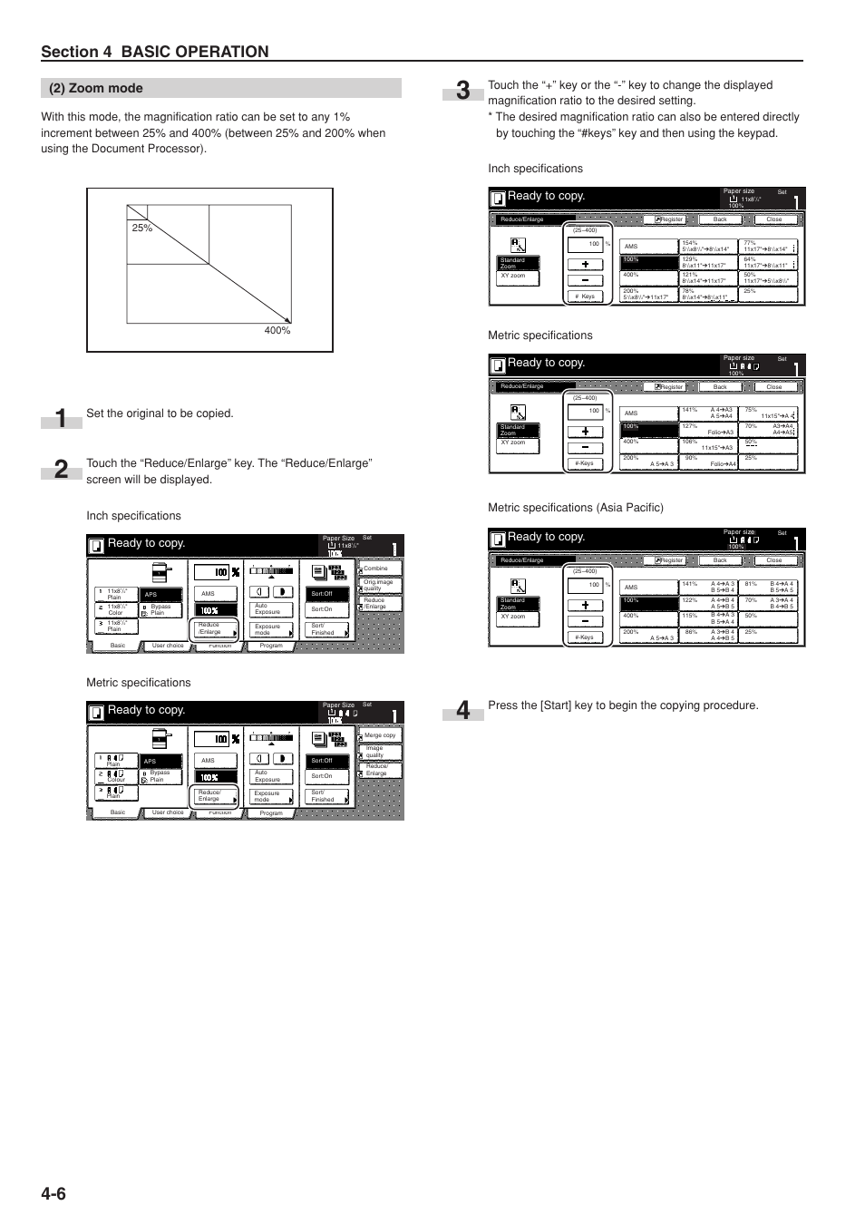 2) zoom mode, Ready to copy, Set the original to be copied | Inch specifications metric specifications, Metric specifications (asia pacific) | TA Triumph-Adler DC 2075 User Manual | Page 38 / 263