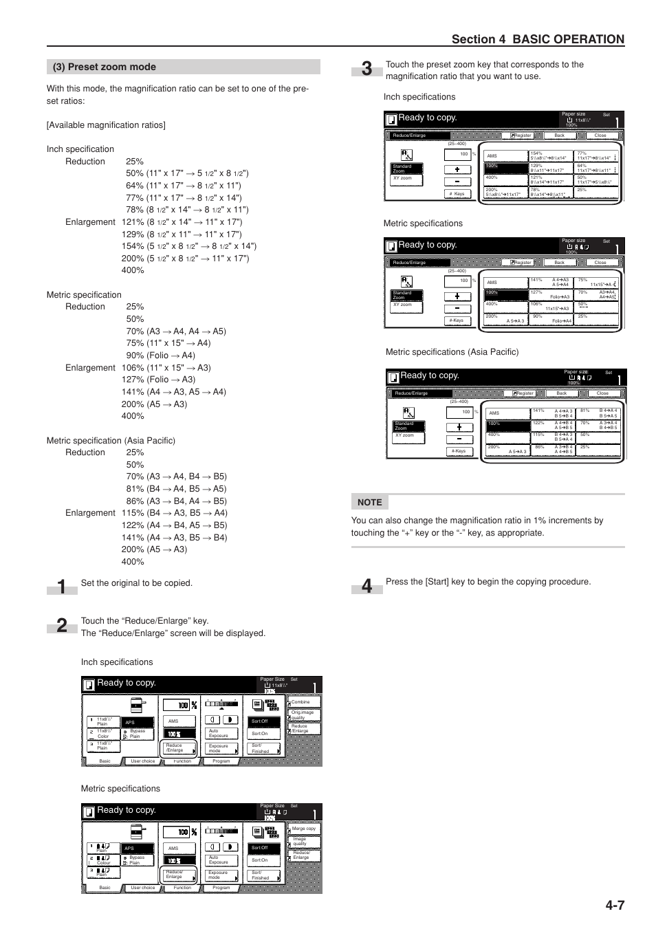 3) preset zoom mode, Ready to copy, X 14" r 8 | Set the original to be copied, Inch specifications metric specifications, Metric specifications (asia pacific) | TA Triumph-Adler DC 2075 User Manual | Page 39 / 263