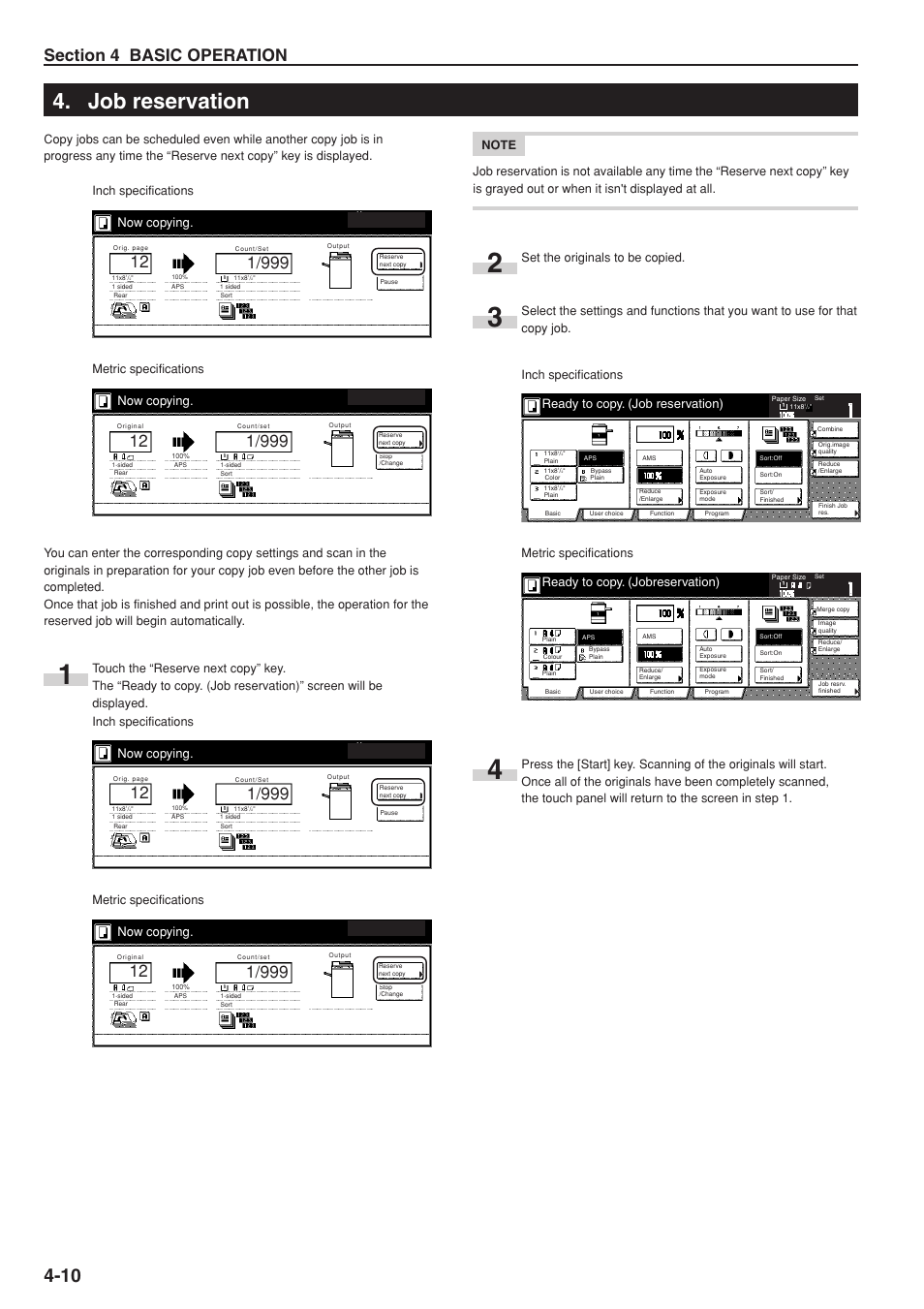 Job reservation, Ready to copy. (job reservation), Now copying | Ready to copy. (jobreservation), Set the originals to be copied, Inch specifications metric specifications | TA Triumph-Adler DC 2075 User Manual | Page 42 / 263