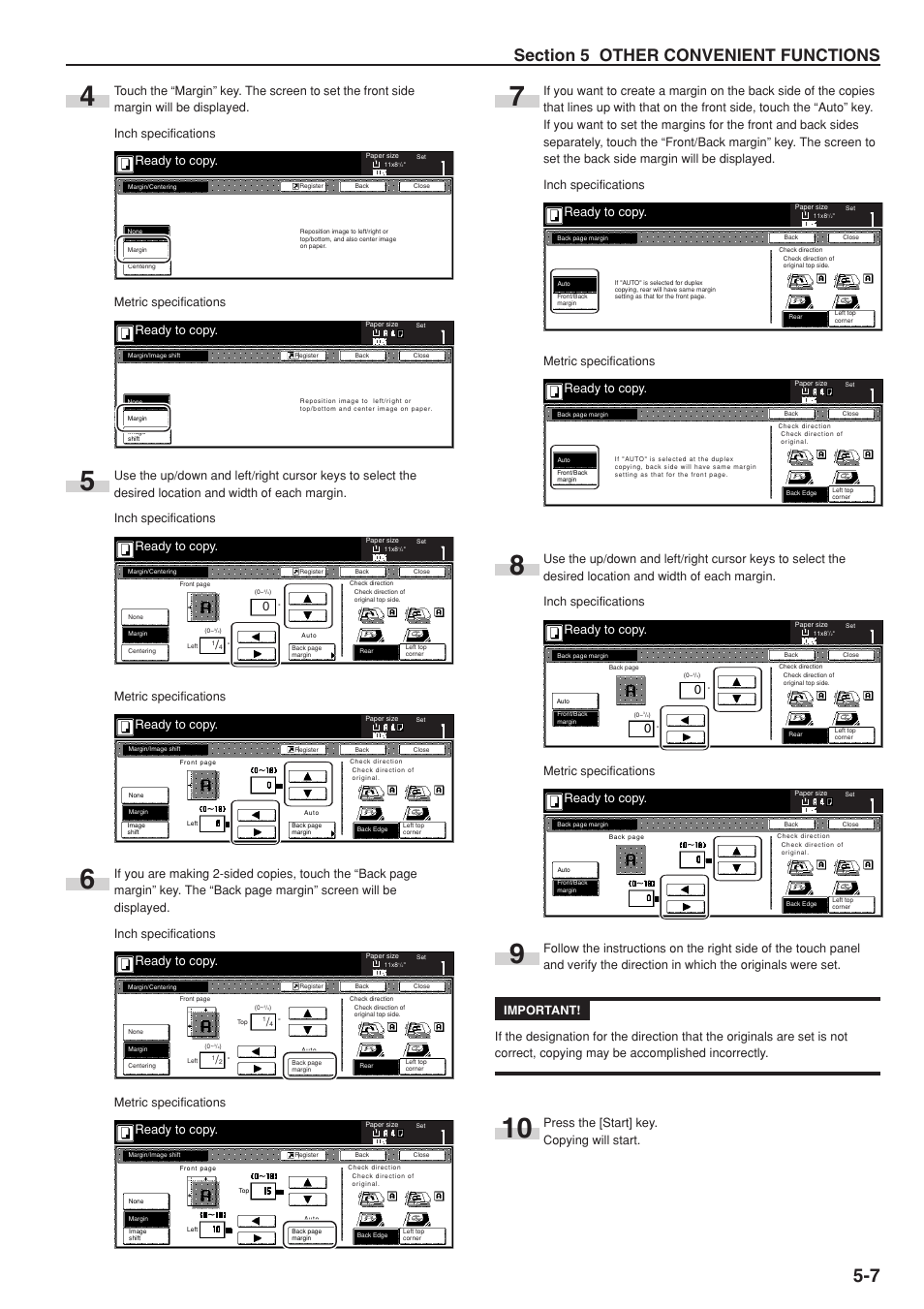 Ready to copy, Metric specifications, Press the [start] key. copying will start | TA Triumph-Adler DC 2075 User Manual | Page 51 / 263