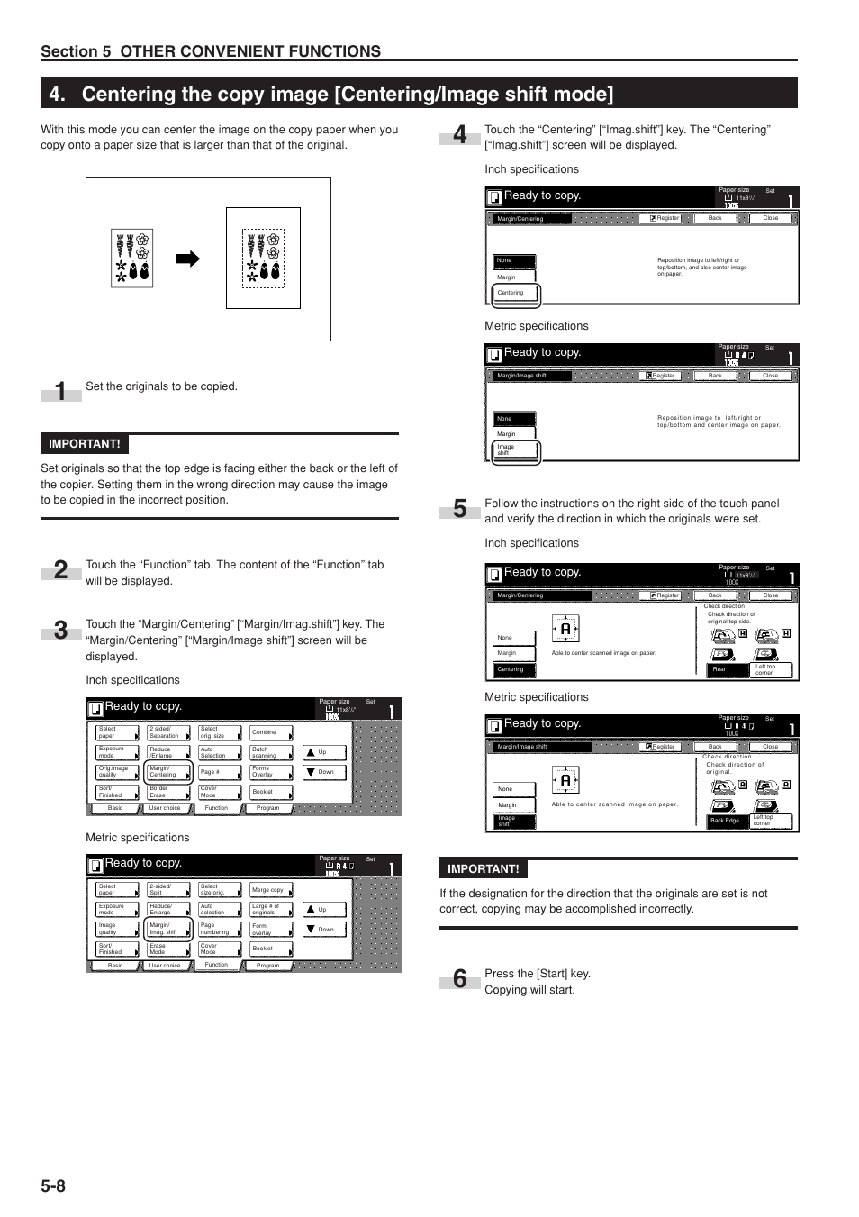 Ready to copy, Metric specifications, Press the [start] key. copying will start | TA Triumph-Adler DC 2075 User Manual | Page 52 / 263