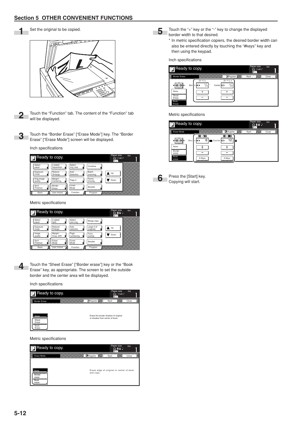 Ready to copy, Set the original to be copied, Metric specifications | Press the [start] key. copying will start | TA Triumph-Adler DC 2075 User Manual | Page 56 / 263