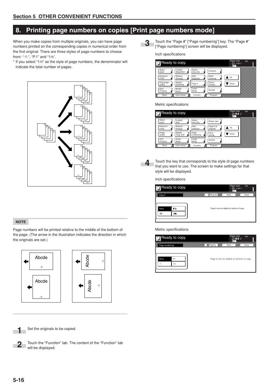 Abcde, Ready to copy, Metric specifications | Set the originals to be copied | TA Triumph-Adler DC 2075 User Manual | Page 60 / 263