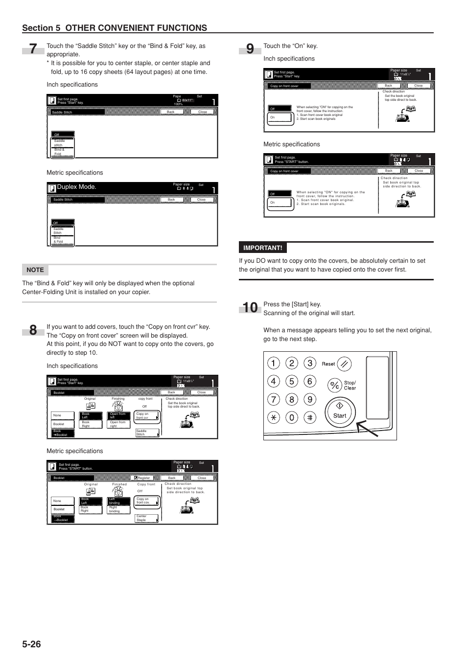 Duplex mode, Touch the “on” key. inch specifications, Metric specifications | TA Triumph-Adler DC 2075 User Manual | Page 72 / 263