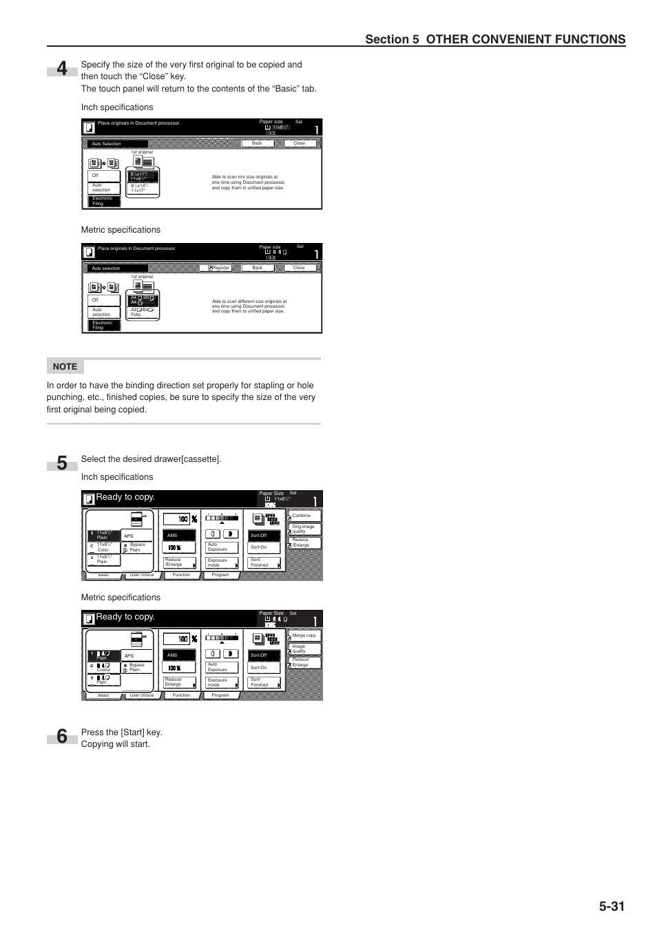 Ready to copy, Metric specifications, Press the [start] key. copying will start | TA Triumph-Adler DC 2075 User Manual | Page 77 / 263