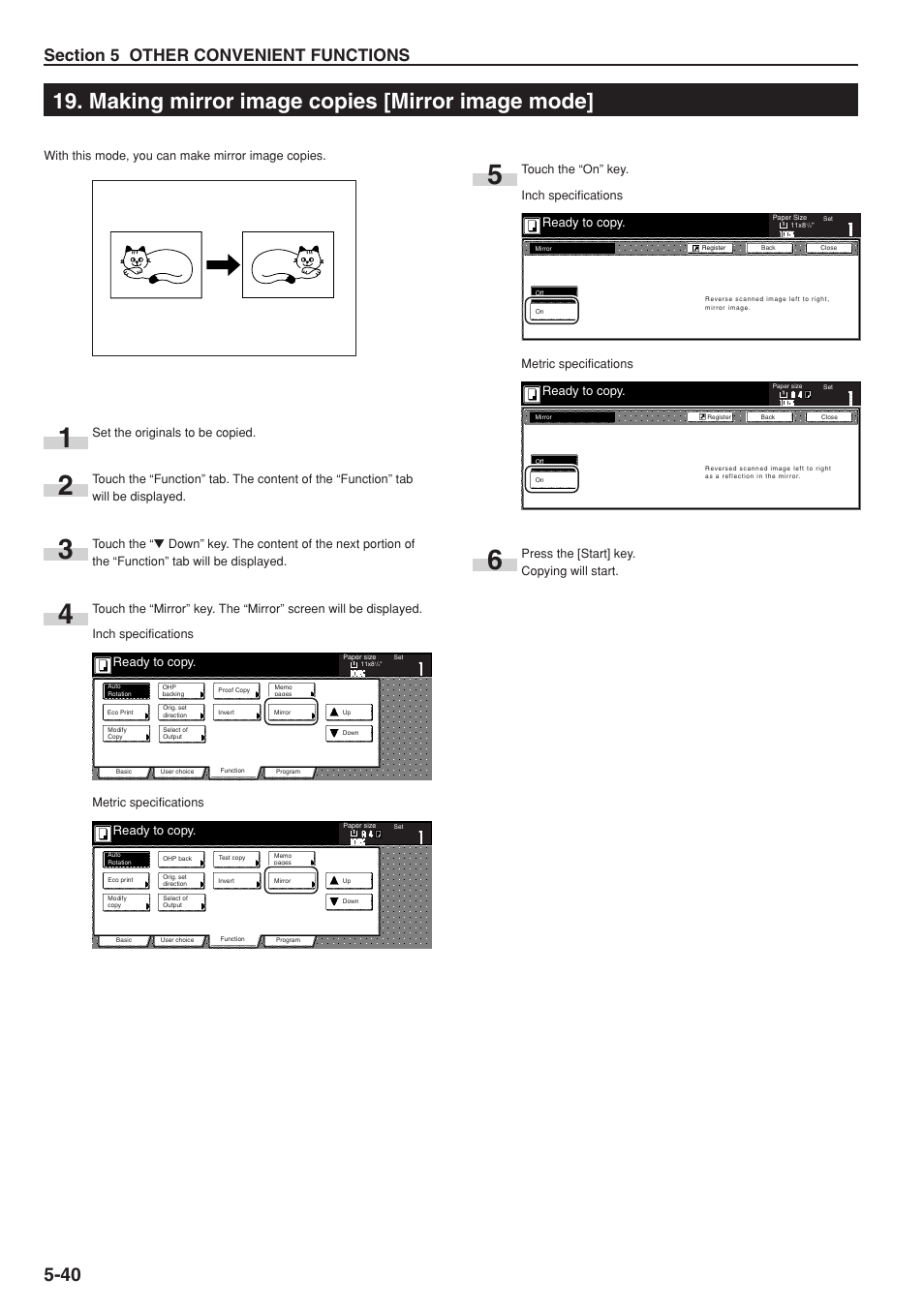 Making mirror image copies [mirror image mode, Ready to copy | TA Triumph-Adler DC 2075 User Manual | Page 86 / 263