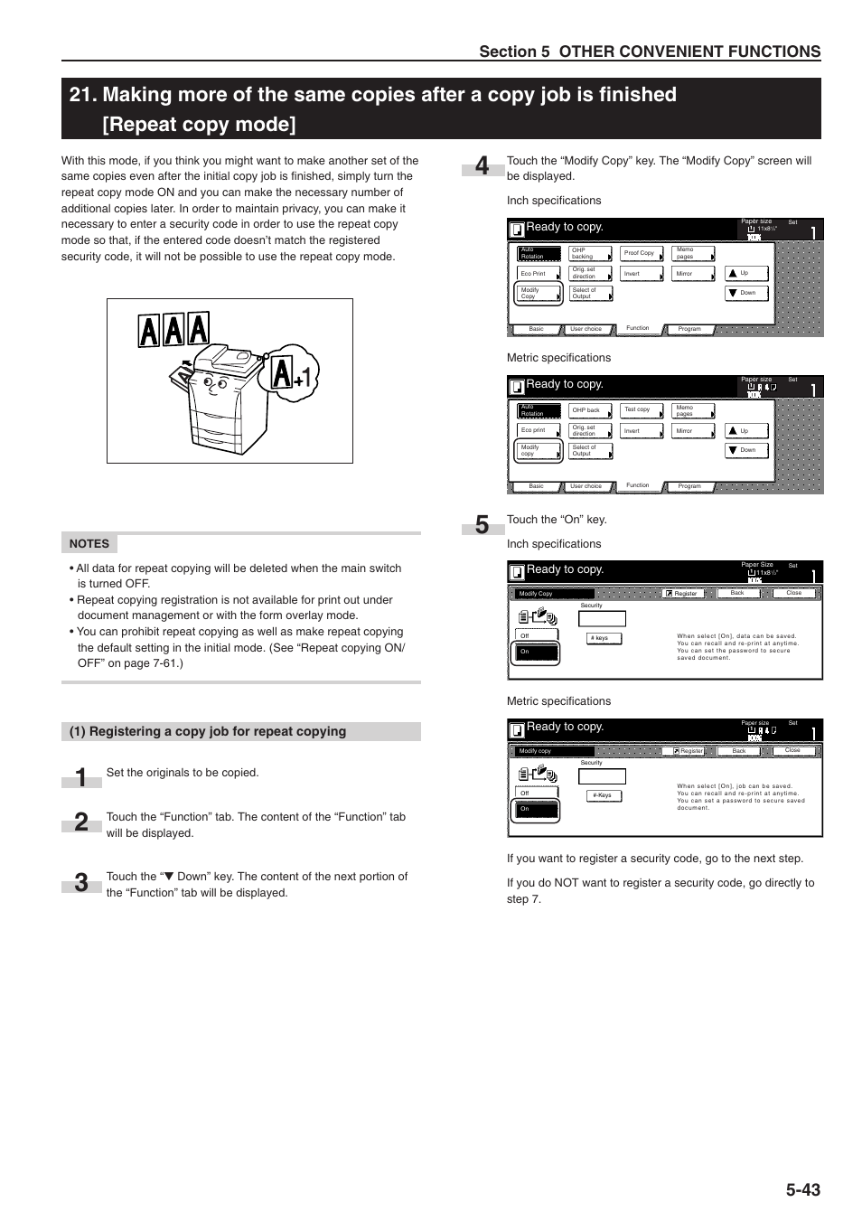 1) registering a copy job for repeat copying, Ready to copy | TA Triumph-Adler DC 2075 User Manual | Page 89 / 263