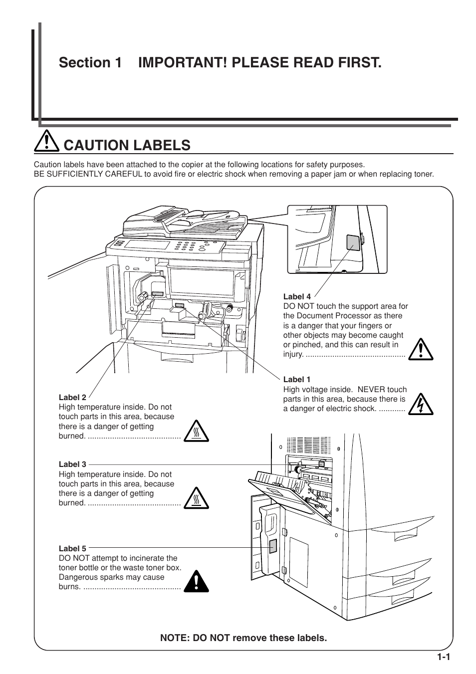 Section 1 important! please read first, Caution labels | TA Triumph-Adler DC 2075 User Manual | Page 9 / 263