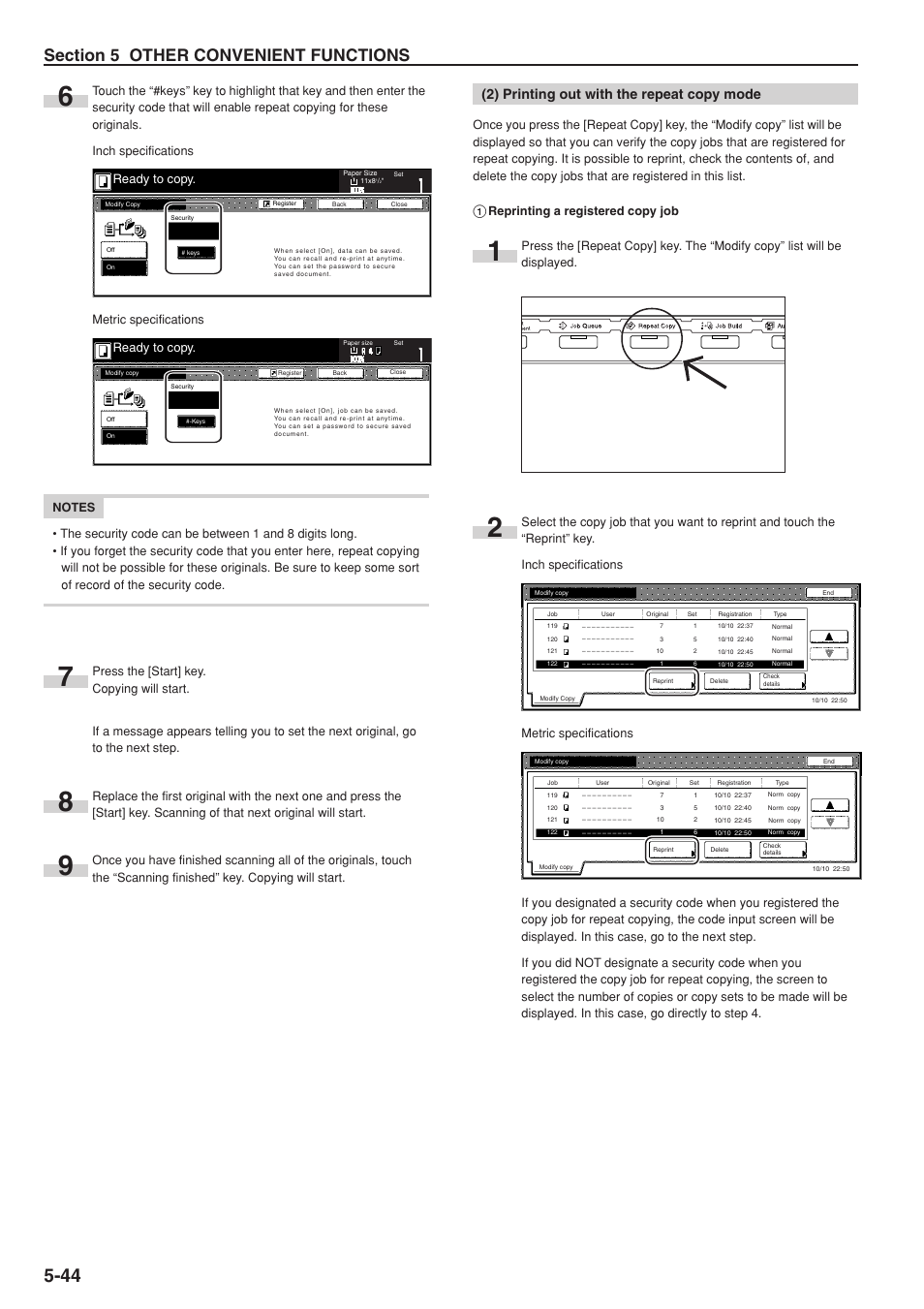 2) printing out with the repeat copy mode, Ready to copy, Metric specifications | TA Triumph-Adler DC 2075 User Manual | Page 90 / 263