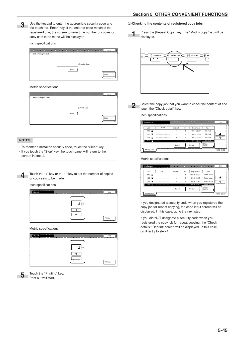 2 checking the contents of registered copy jobs, Metric specifications, Touch the “printing” key. print out will start | TA Triumph-Adler DC 2075 User Manual | Page 91 / 263