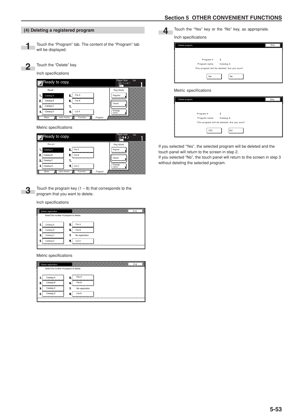 4) deleting a registered program, Ready to copy, Touch the “delete” key. inch specifications | Metric specifications | TA Triumph-Adler DC 2075 User Manual | Page 99 / 263