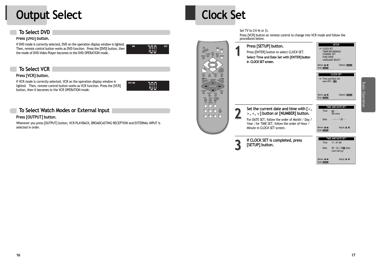 Clock set, Output select | Daewoo DV6T534B User Manual | Page 11 / 28